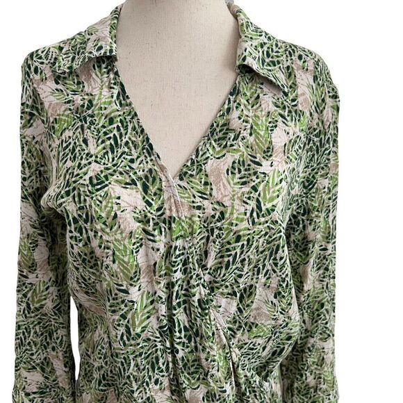 CAbi Style 280 Green + Tan Leaf Print Faux Wrap Dress w/ Collar Small - Picture 5 of 9